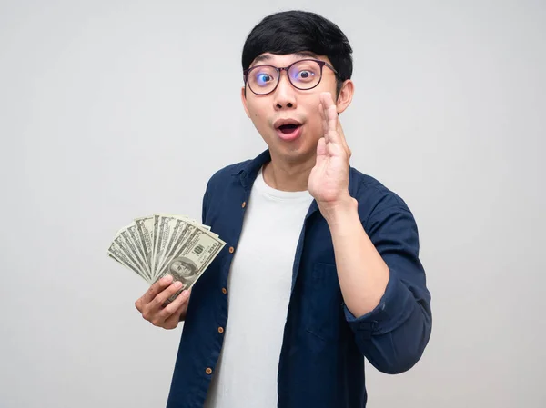 Young Asian Man Glasses Hold Money Gesture Whisper You Isolated — Stock Photo, Image