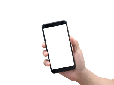 Akıllı telefonu tutan adam izole edilmiş, erkek eli cep telefonu beyaz ekranı gösteriyor.