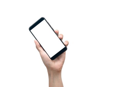 Akıllı telefonu tutan adam izole edilmiş, erkek eli cep telefonu beyaz ekranı gösteriyor.