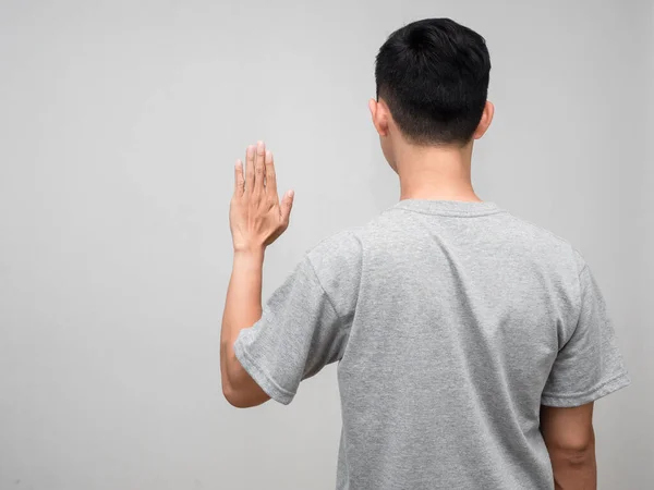 Atrás Homem Camisa Cinza Mostrar Mão Para Parar Isolado — Fotografia de Stock