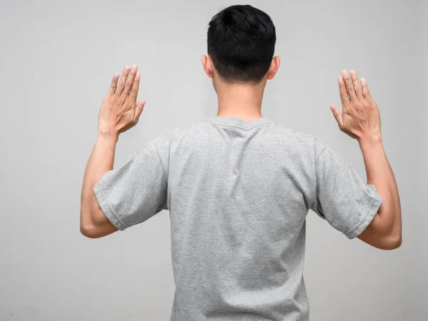 Atrás Homem Camisa Cinza Mostrar Mãos Render Isolado — Fotografia de Stock