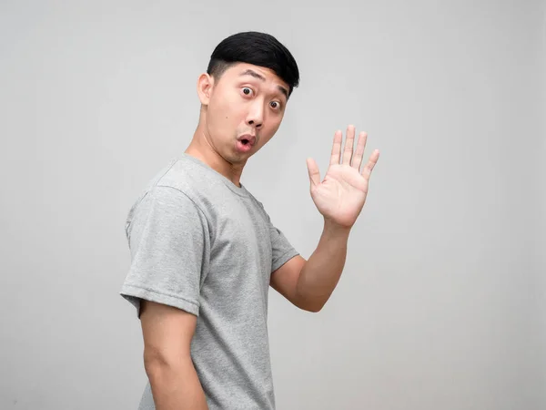 Asijské Muž Šedá Košile Otočit Říkají Show Ruční Držení Izolované — Stock fotografie