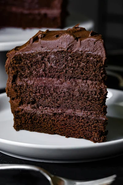 Köstliche Dreifache Schokoladenkuchen Auf Einem Weißen Teller — Stockfoto