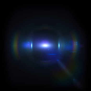 Mavi Lens siyah arka planda yanıp sönüyor. Siyah arkaplan ile izole edilmiş parlak ışık mercekleri. Dokular ve malzemeler için kullanılır..
