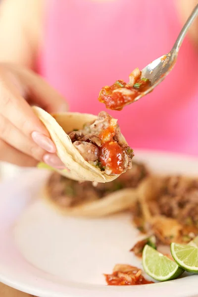 Girl Eating Delicious Taco Salsa Variety Toppings Mexican Taco Salsa — Foto Stock