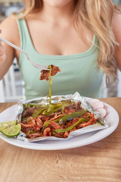 Girl Eating Delicious Typical Mexican Food Tacos Sopes Pastor Etc — Stock Fotó