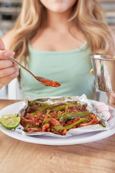 Girl Eating Delicious Typical Mexican Food Tacos Sopes Pastor Etc —  Fotos de Stock