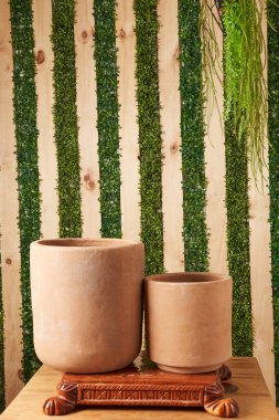 earthenware pot for plants on a wooden table with green plant background. catalog of plant pots. clay pot for plants.