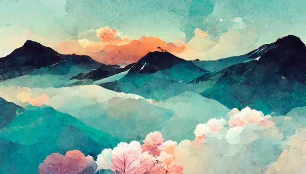 illustration of a lake in the mountains with watercolor technique. illustration for wallpaper
