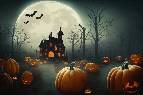 cemetery on halloween night with evil pumpkins, bats and in the background a haunted castle and the full moon. Halloween Banner illustration