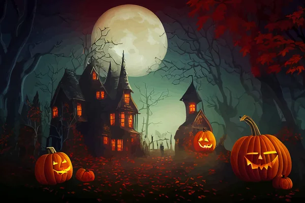 cemetery on halloween night with evil pumpkins, bats and in the background a haunted castle and the full moon. Halloween Banner illustration