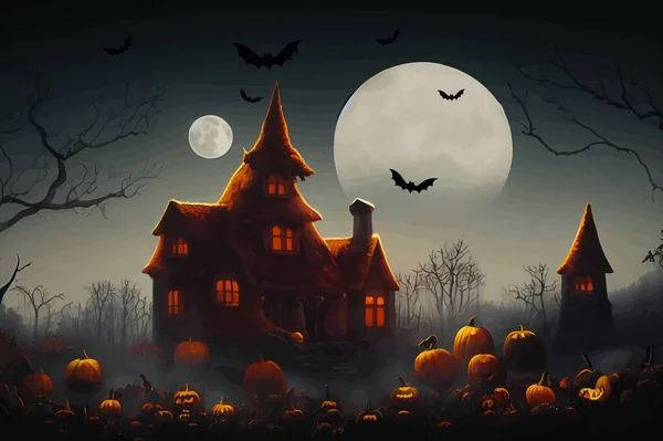 cemetery on halloween night with evil pumpkins, bats and in the background a haunted castle and the full moon. Halloween Banner illustration