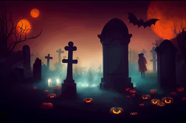 cemetery on halloween night with evil pumpkins, bats and in the background a haunted castle and the full moon. Halloween Banner illustration