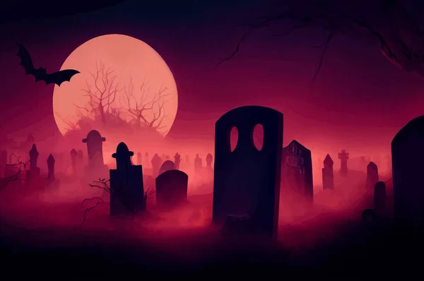 cemetery on halloween night with evil pumpkins, bats and in the background a haunted castle and the full moon. Halloween Banner illustration