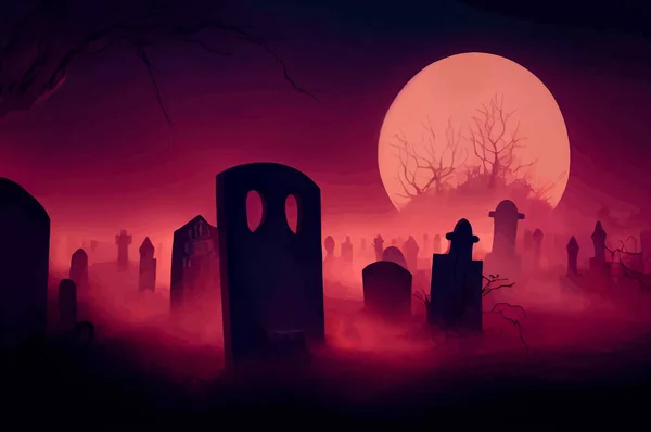 cemetery on halloween night with evil pumpkins, bats and in the background a haunted castle and the full moon. Halloween Banner illustration