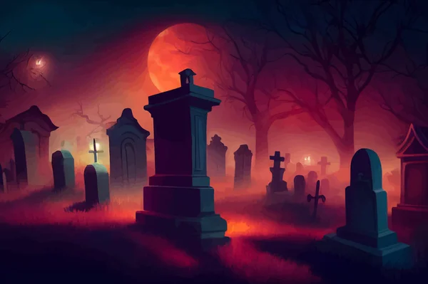 cemetery on halloween night with evil pumpkins, bats and in the background a haunted castle and the full moon. Halloween Banner illustration