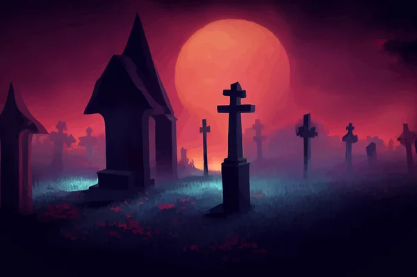 cemetery on halloween night with evil pumpkins, bats and in the background a haunted castle and the full moon. Halloween Banner illustration