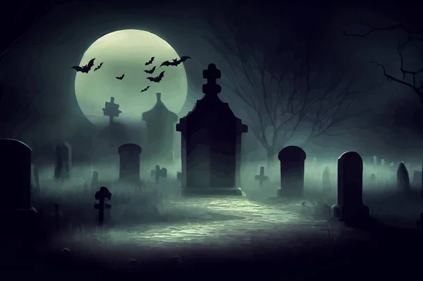 cemetery on halloween night with evil pumpkins, bats and in the background a haunted castle and the full moon. Halloween Banner illustration