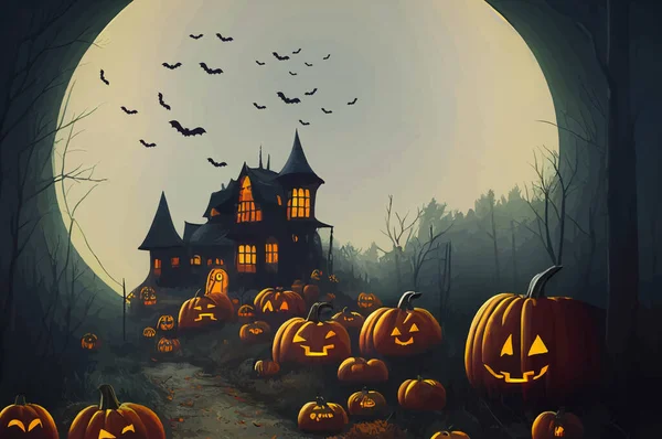 cemetery on halloween night with evil pumpkins, bats and in the background a haunted castle and the full moon. Halloween Banner illustration