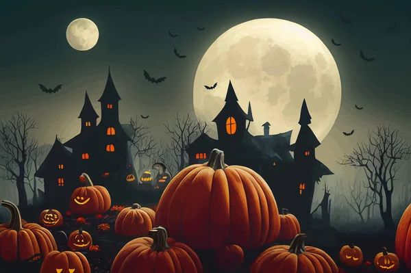 cemetery on halloween night with evil pumpkins, bats and in the background a haunted castle and the full moon. Halloween Banner illustration