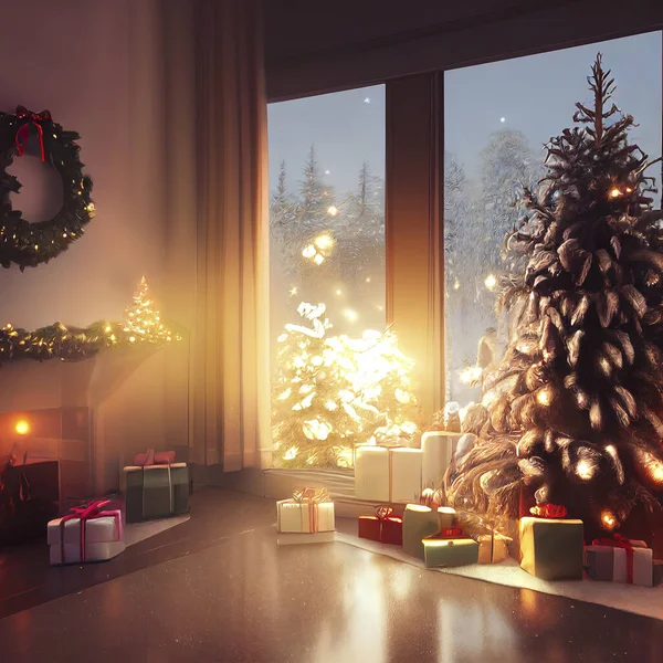 room decorated with Christmas theme, Christmas tree with gifts.