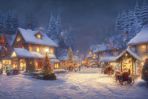 A beautiful outdoor Christmas scene. illustration of a Christmas house with snow, winter landscape in a village