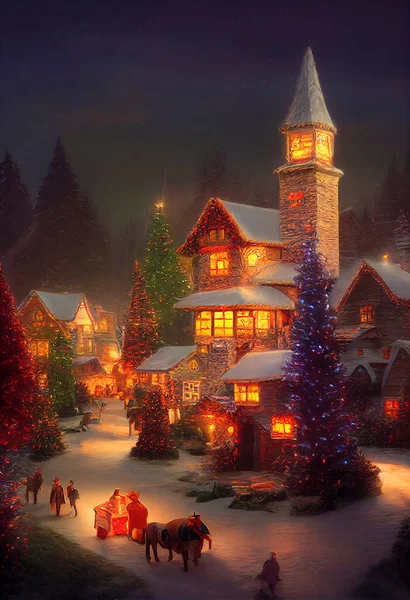 A beautiful outdoor Christmas scene. illustration of a Christmas house with snow, winter landscape in a village