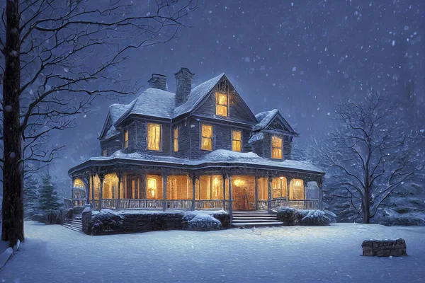 victorian house with a huge front porch surrounded by a large pine forrest , Winter season, Snow, christmas time, christmas tree, christmas decorations.