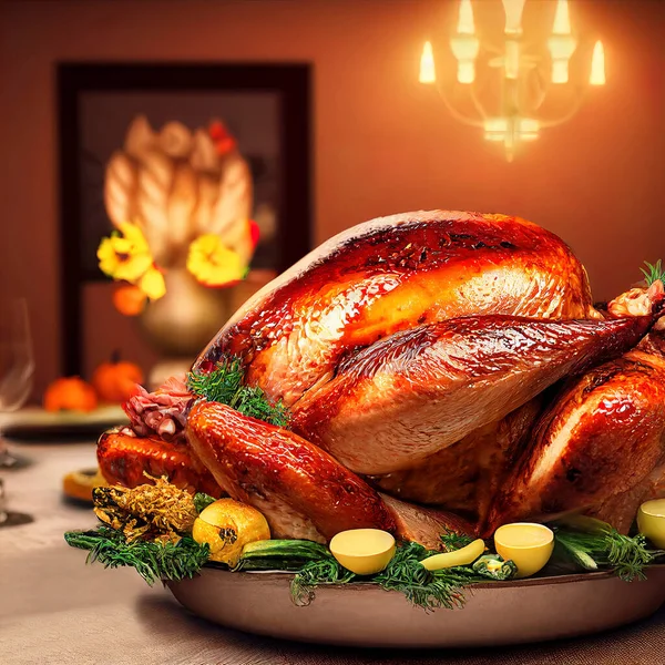 Festive celebration roasted turkey for Thanksgiving, thanksgiving turkey, turkey cooked in centerpiece.