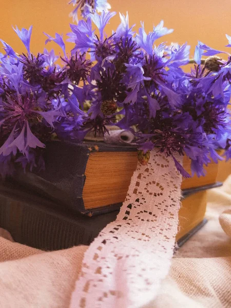 Bouquet Sposa Fiordalisi Viola Con Nastro Bianco Vintage Con Libri — Foto Stock