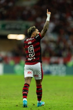 Flamengo 'dan Gabriel Barbosa, Brasileirao Serie A 2022' nin bir parçası olarak Brezilya 'nın başkenti Rio de Janeiro' da oynanan karşılaşmada attığı golü kutluyor..