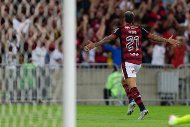 Flamengo 'dan PEDRO, Copa Libertadores 2022' nin bir parçası olarak Brezilya 'nın Rio de Janeiro kentindeki Maracana Stadyumu' nda oynanan Flamengo ve Tolima maçında atılan golü kutluyor..