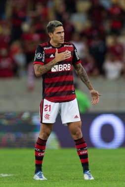 Flamengo 'dan PEDRO, Copa Libertadores 2022' nin bir parçası olarak Brezilya 'nın Rio de Janeiro kentindeki Maracana Stadyumu' nda oynanan Flamengo ve Tolima maçında atılan golü kutluyor..