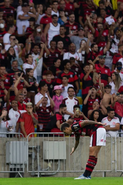 Flamengo 'dan PEDRO, Copa Libertadores 2022' nin bir parçası olarak Brezilya 'nın Rio de Janeiro kentindeki Maracana Stadyumu' nda oynanan Flamengo ve Tolima maçında atılan golü kutluyor..