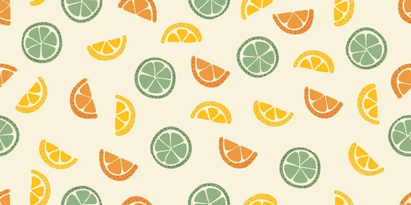无缝隙的柑橘类水果图案 有水果片的夏季花纹 平面元素是孤立的 无尽的背景 — 图库矢量图片