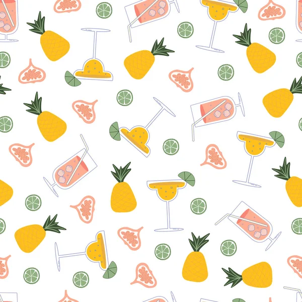 Seamless Pattern Different Beverages Flat Style Vector Illustration Fruits Cocktails — 图库矢量图片