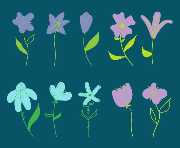 Flores Vectoriales Azules Púrpuras Ilustran Conjunto Margaritas Abstractas Tulipanes Estilo — Vector de stock