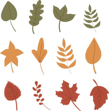 Autumn leaves set. Simple flat style. Isolated vector illustration. Design for stickers, logo. Colored leaves. Red, yellow, green.