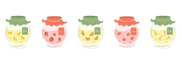 Set Cinque Marmellate Colorate Fatte Casa Stile Piatto Confetture Frutta — Vettoriale Stock