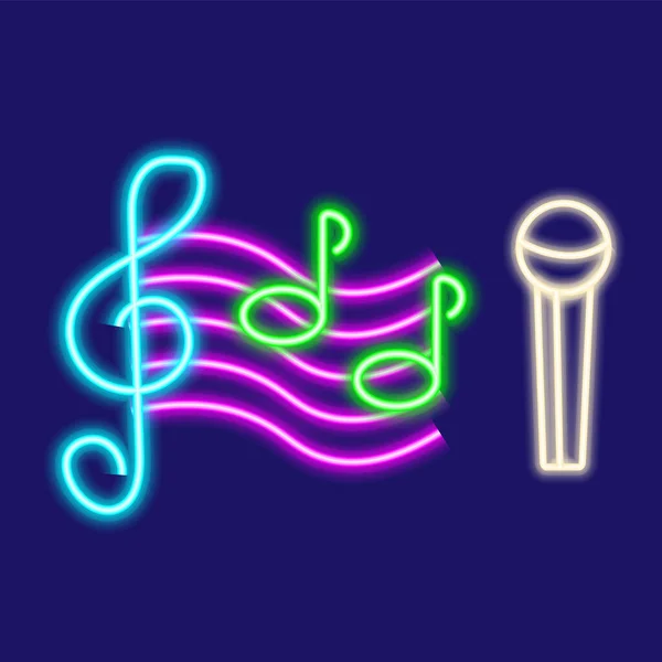 Music Notes Microphone Sound Design Night Bright Vector Illustration Neon — Stockvector