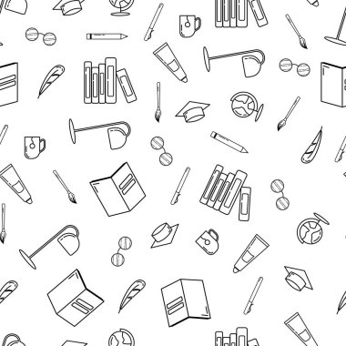 School sketch seamless pattern. Cute vector illustration in black and white color. Line art, doodle style