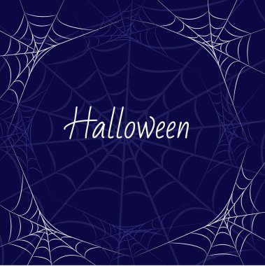 Blue Happy Halloween poster with frame from blue and white spider web. Trick or treat. Vector illustration