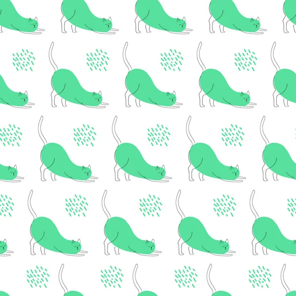 Pattern Cat Line Art Green Spots Vector Illustration Yoga Cat — Stockvektor