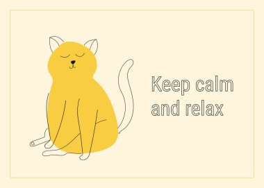 Yellow Zen Cat Meditating. Yoga line art cat. Keep calm and relax. Vector in line art