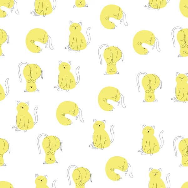Seamless Pattern Yellow Cats Different Poses Vector Spots Line Art — Stockvektor