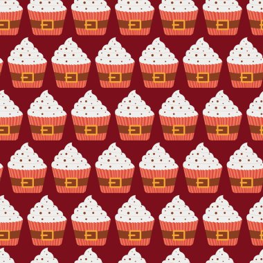 Christmas cupcakes puttern. cute winter sweets food. Xmas muffin with decor. Flat new year dessert vector illustration.