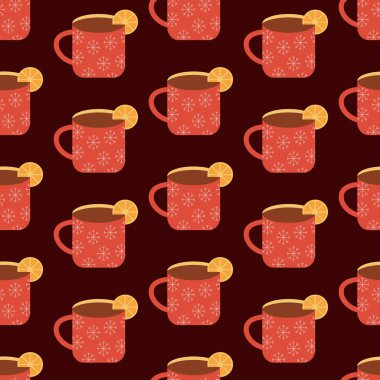 cup seamless pattern. red mug with tea and lemon. christmas pattern vector