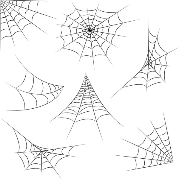 Spider Web Set Isolerad Vit Bakgrund Halloween Svarta Spindelväv Redogör — Stock vektor