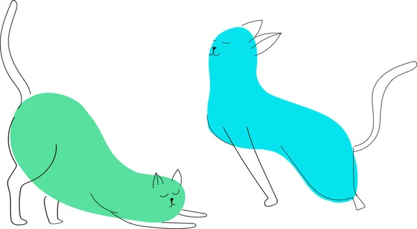 猫连续线绘图 绿色和蓝色瑜伽猫 点点滴滴病媒Eps — 图库矢量图片