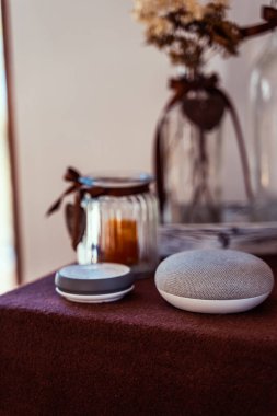 Oturma odasında ses kontrollü akıllı hoparlör